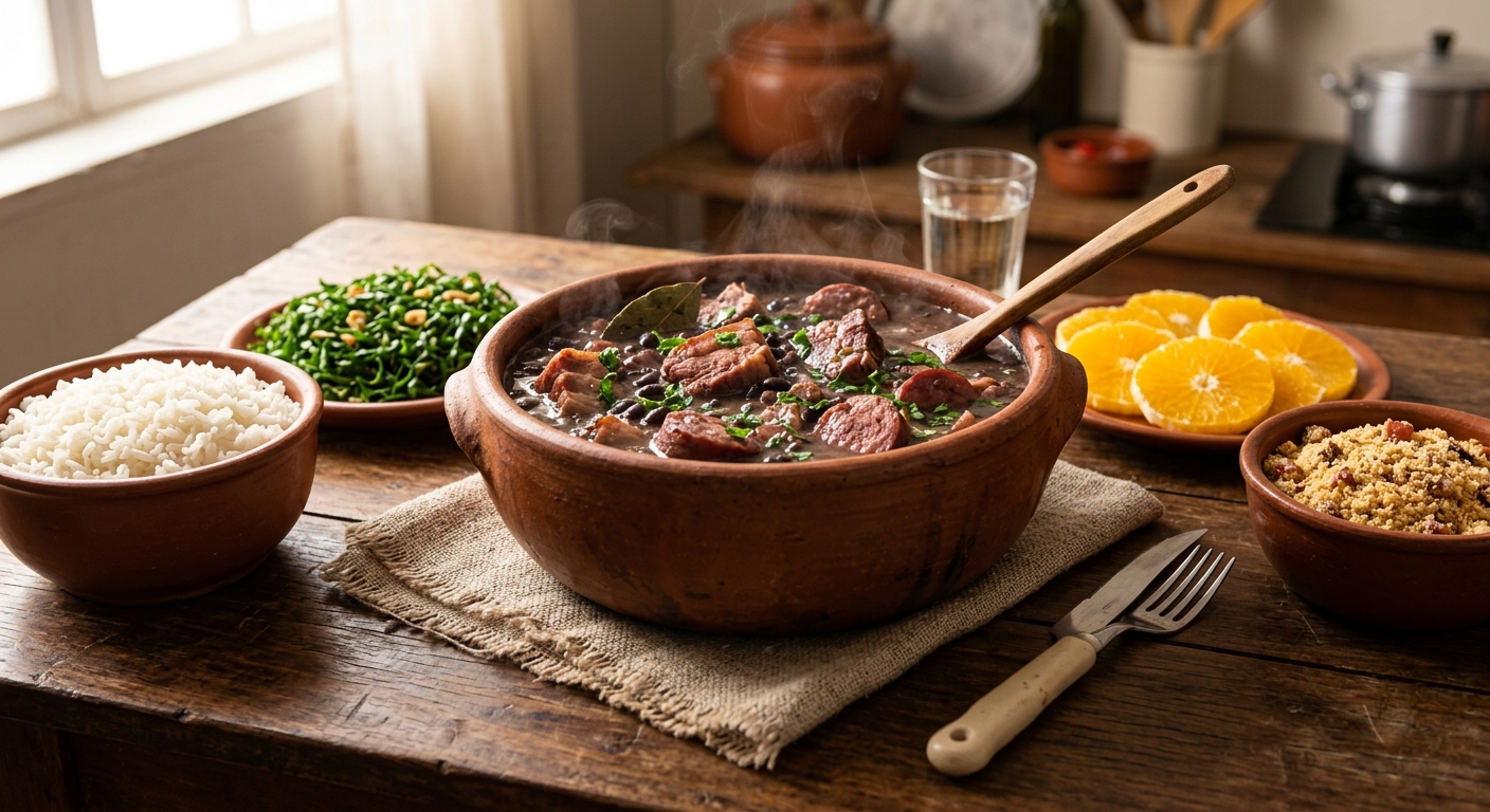Feijoada completa com arroz, couve, farofa e laranja