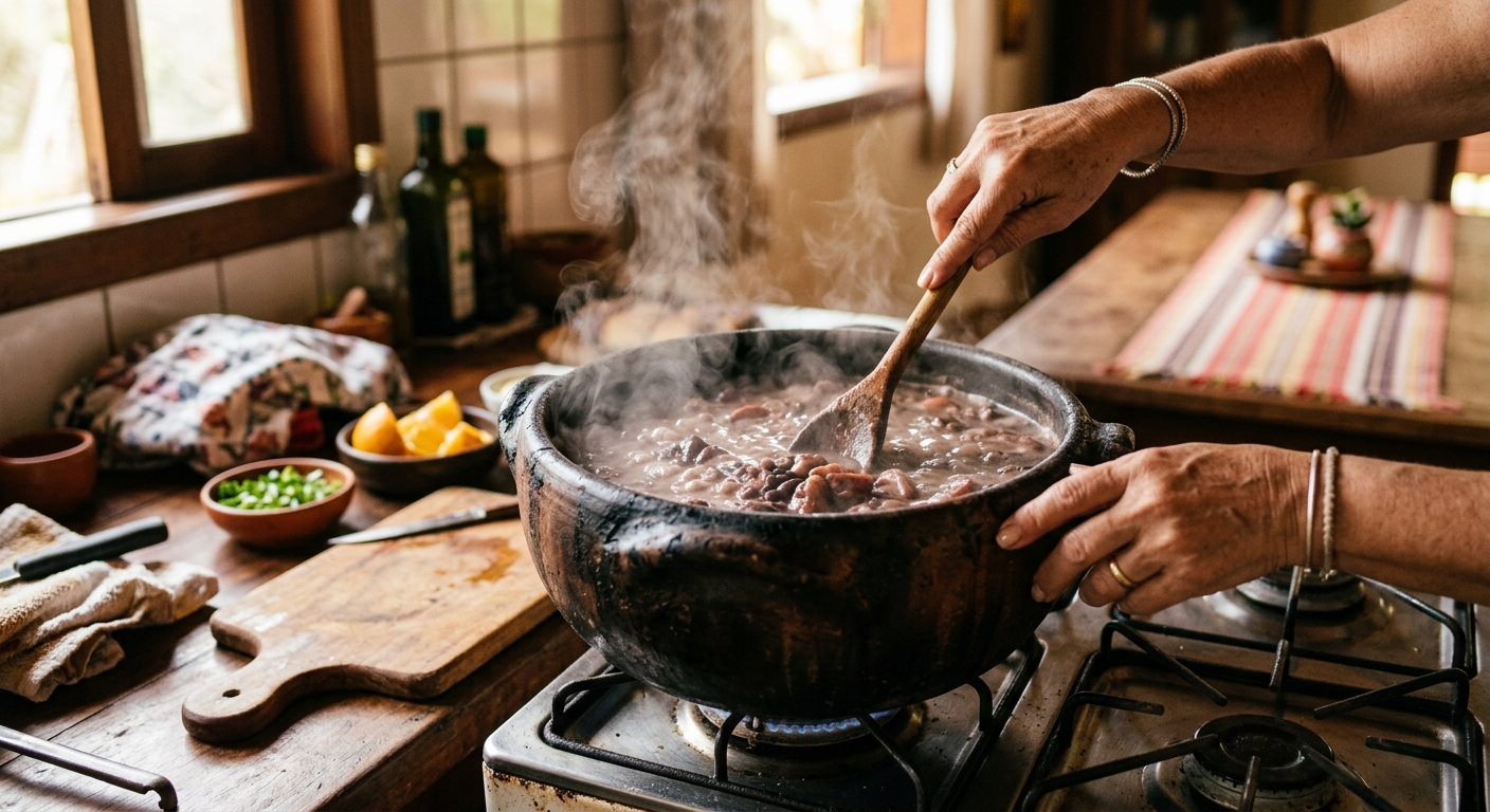 Panela de barro no fogo, com a mão da Mainha mexendo a comida