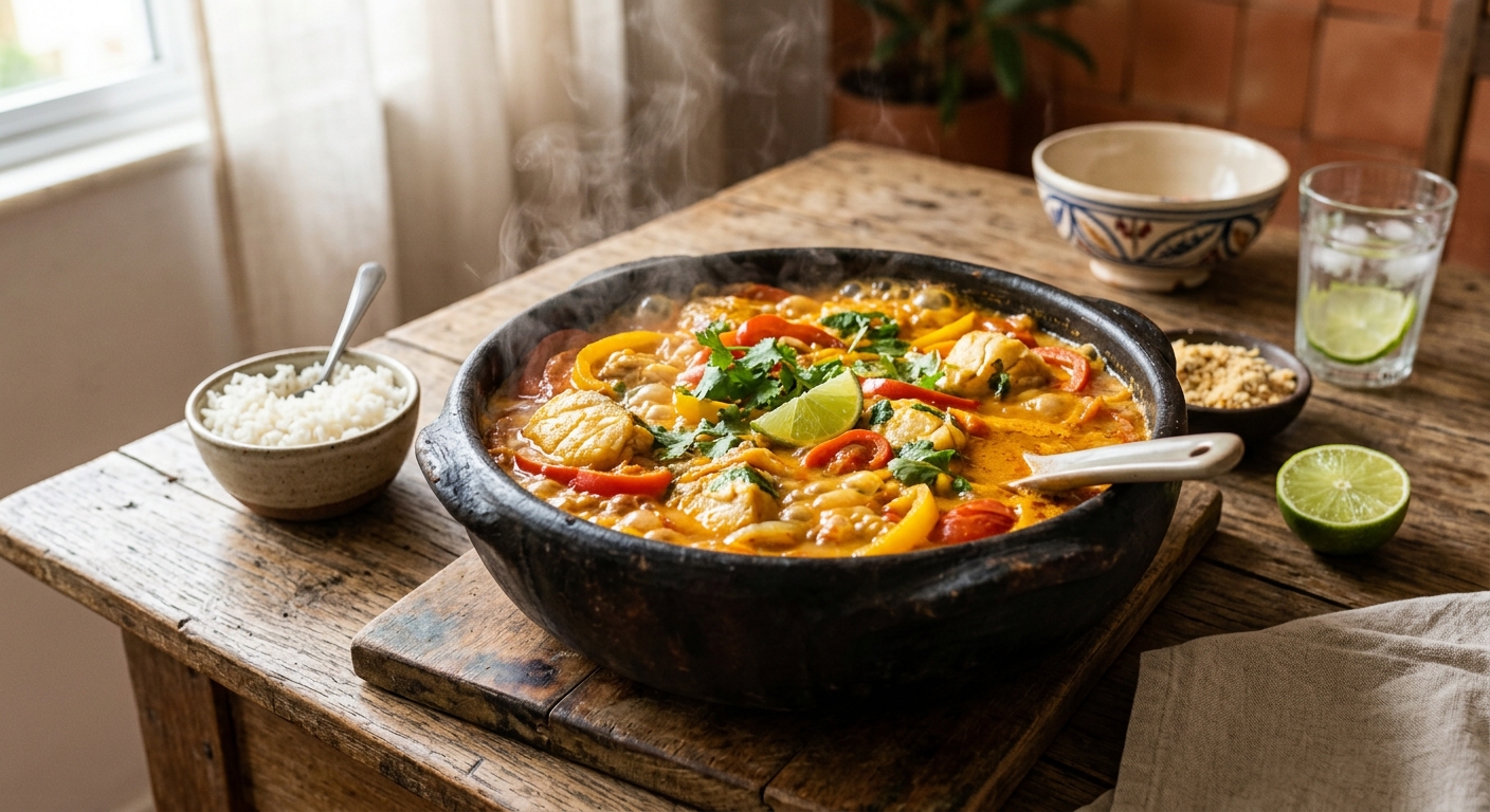 Moqueca baiana de peixe borbulhando na panela de barro